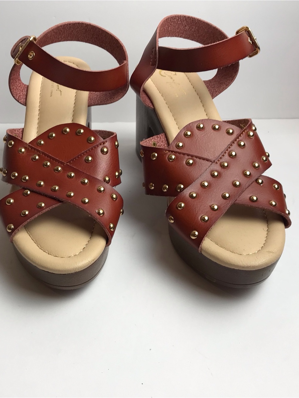 Brown Stud-Accent Platform Sandals with Ankle Strap
